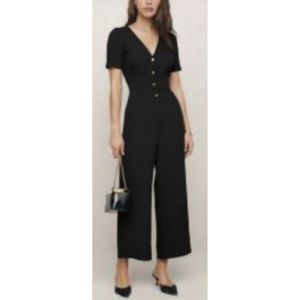 Reformation France Jumpsuit Black 10 V-Neck Puff Sleeve Button Front Wide Leg